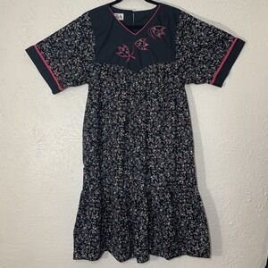Hawaiian Muumuu RM S Black White Floral Print Knee Length Dress Ruffles VTG